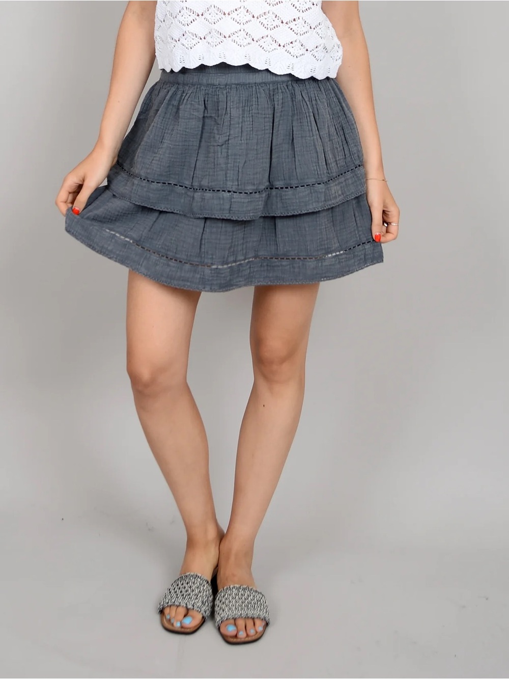 Tiered Gray Cotton  Mini Skirt - Women's